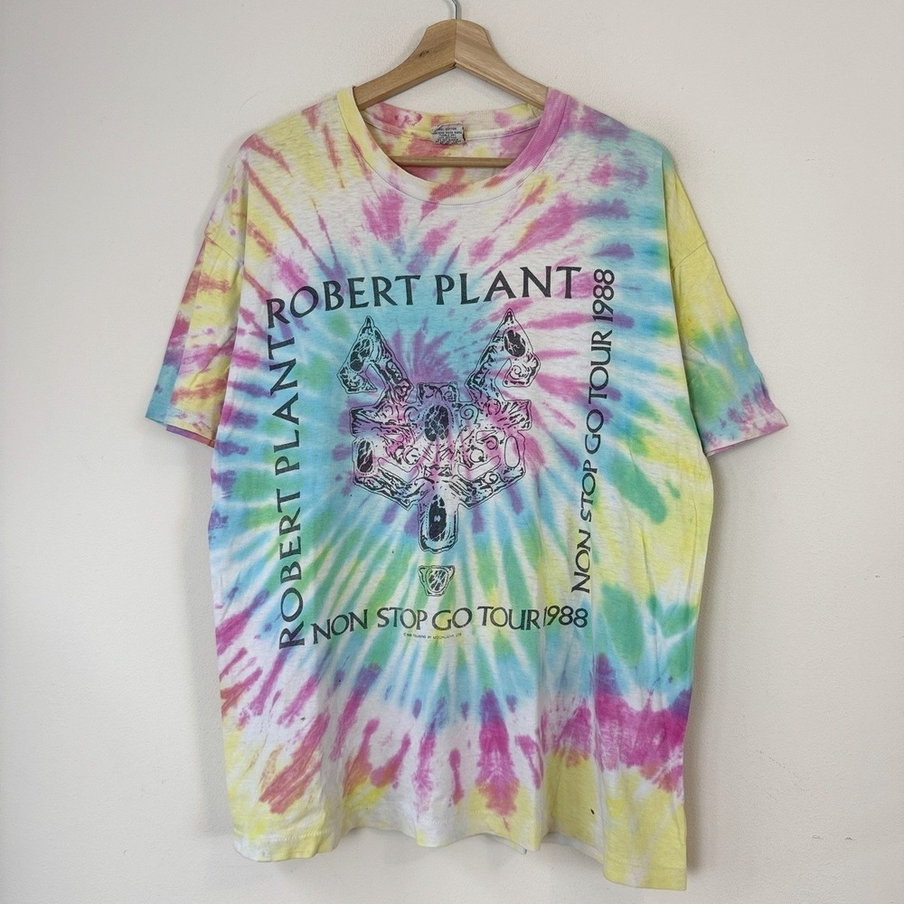 Vintage 80s Robert Plant Non Stop Go Tour 1988 Rock Concert Tye Dye Tee Shirt XL